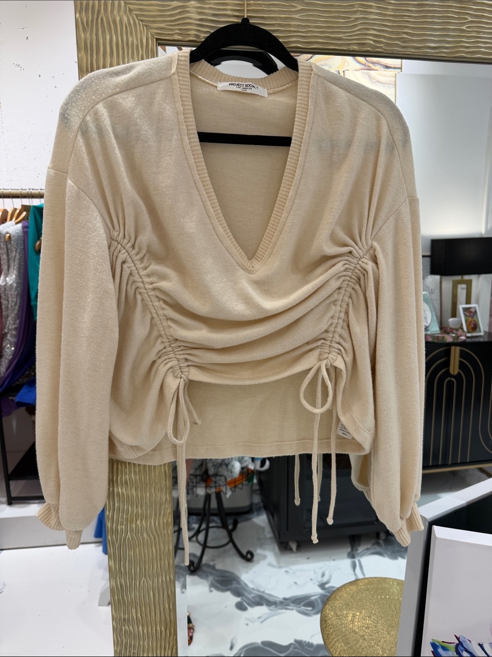 Project Social T Drawstring Ruched V-Neck Sweatshirt - Cream